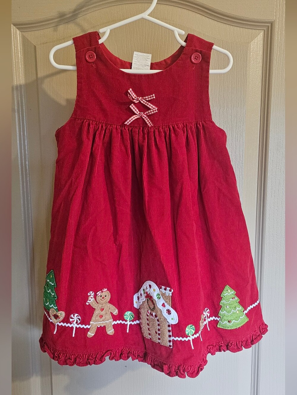 Vintage 4T Toddler Girls Red Corduroy Gingerbread Christmas Tree Dress